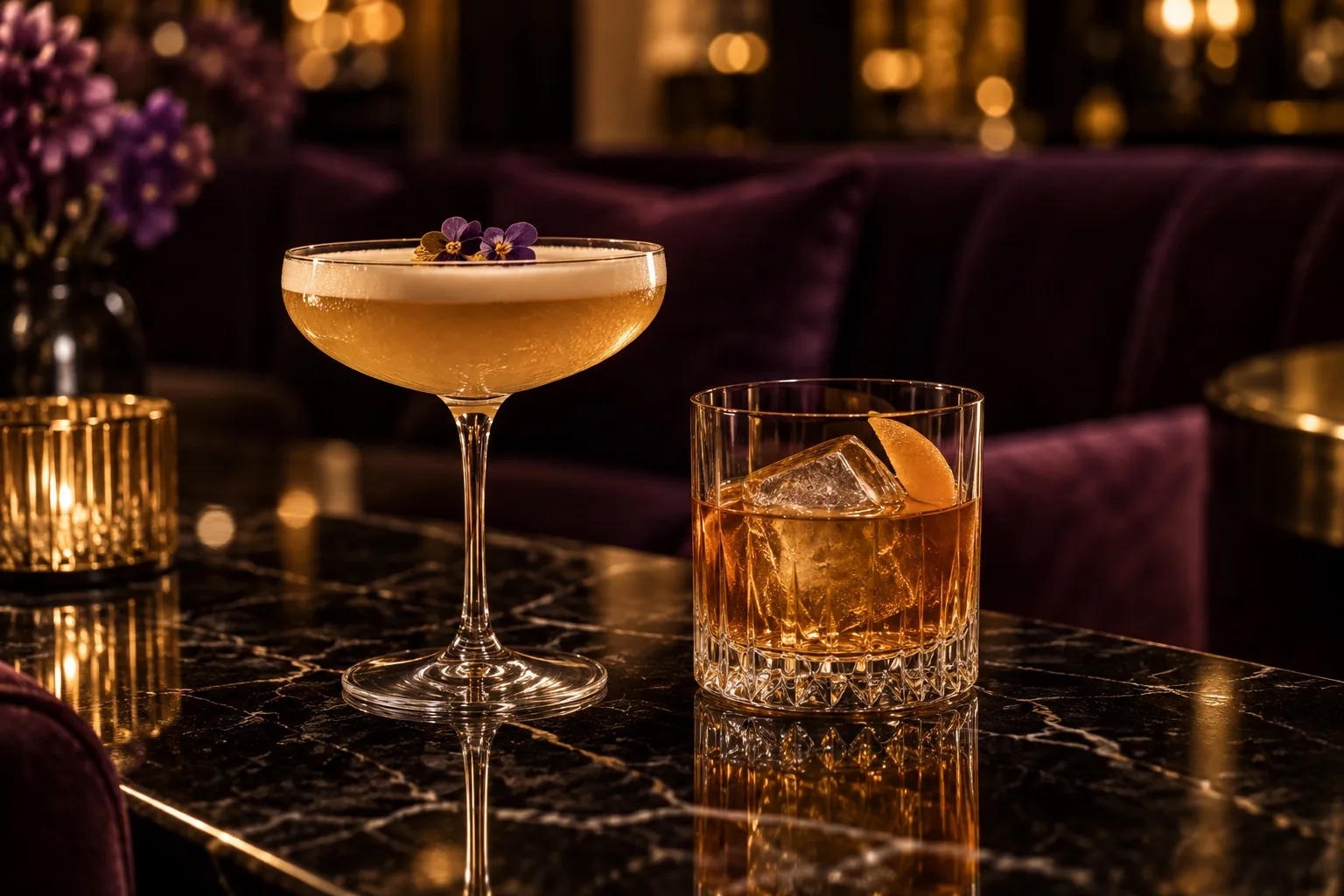 暖金燈光下的兩杯酒飲氛圍概念圖，非店內酒單